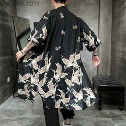 Men's Robes High Quality Yukata Haori Men Japanese Long Kimono Cardigan Sarai Come Clothing Nightwear Jacket Robe Kimono Yukata Haori L231130