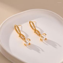 Hoop Earrings Copper Plated 18K Gold Korean Vintage Long Pearl Women Metal Texture Chain Design Simple And Versatile Fashion