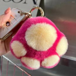 Keychains Real Rex Fur Bear Claw Keychain Car Keys Luxury Strawberry Ball Women Plush Phone Accessories Gifts