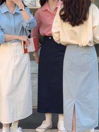 Skirts Straight Denim Skirt Women Back Split High Waisted Button Solid Midi Female All-match Basic Casual Zipper Blue Clothes