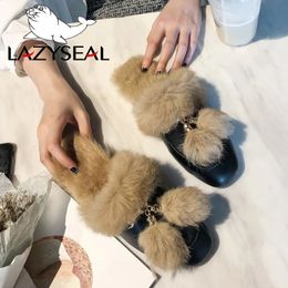 Slippers LazySeal Fur Women Slippers Metal Decoration Fringe Appliques Slides Winter 100% Real Rabbit Hair Shoes Woman Indoor Big Size 44 231130