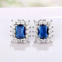 Stud Earrings Exquisite Rectangular Blue CZ For Women Elegant Bride Wedding Ear Accessories Silver Color Fashion Jewelry
