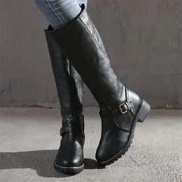 Boots Women Leather Knee High Boots Women's Buckle Long Knight Boots Female Combat Boots Women Low Heels Shoes Plus Size 43 231129