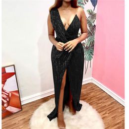 Casual Dresses Women Fashion British Style Dress Summer Dinner Deep V Sequins High Waist Slit Suspender Vestidos