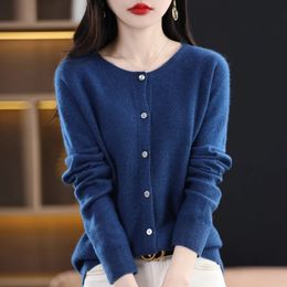 Womens Knits Tees Women 100% Merino Wool Sweater Round Collar Solid Colour Knitted Cardigan Autumn Winter Casual Soft Jacket Bottoming Slim Top 231129