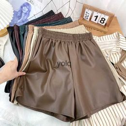 Women's Shorts 2023 Women Fashion Faux Leaer High Waist Elastic Waistline Vintage Female Wide Leg Streetwear Ropayolq