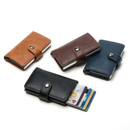 Men Credit Card Holder Aluminium Alloy ID Card Case Automatic Male Metal Leather Cardholder Wallet Black Brown Blue Red Coffee Shor283W