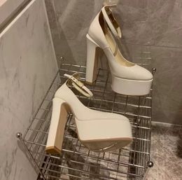 Brands Tan-Go platform pumps shoes Ivory patent leather high-heeled ankle strap chunky heels block Heel 155mm round toe dress shoe Women Luxury