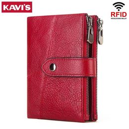 KAVIS Genuine Cow Leather Women Wallets Pocket Ladies Female Purse Clutch Small Wallet Short Card Holder Girls Fashion Red Color260d