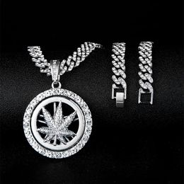 Cuban link chain mens necklace Alloy Diamond Maple Leaf Pendant with Rotable Personalised Hip Hop Pendant Hip Hop Jewellery Hip Hop Necklace Men Jewellery