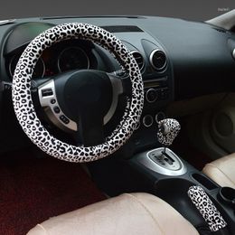 Steering Wheel Covers 3pcs/set Plush Car Leopard Print Winter Hand Brake & Gear Cover Set Universal Interior Accessories