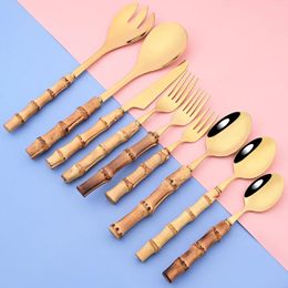 Dinnerware Sets 1Pc Gold Bamboo Handle Cutlery 304 Stainless Steel Serving Fork Spoon Salad Coffee Kitchen Tableware