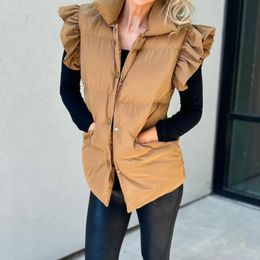 Women's Vests Autumn Winter Flying Sleeve Warm Vest 2023 Stand Collar Single Breasted Ruffles Thick Waistcoat Female Padding Jacket 231129