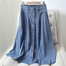 Skirts 2023 All-match Fashion Elastic Waist Long For Women Spring Solid Colour Single Breasted Pockets Korean Style Denim Skirt