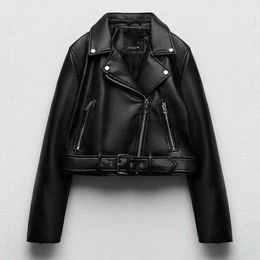 Spring Autumn Black Washed Leather Cropped Coat Women Fashion Belted Zipper Slim Short Faux Pu Jacket