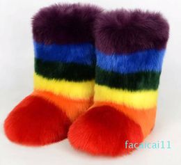 Winter Women Rainbow Fur Snow Boots Fashion Outdoor Warm Furry Boots Mixed Colors Faux Fur Plush Mid-calf Boots Girl