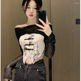 Women's Tanks Chinese Style Patchwork Sets Tops Y2k Long Sleeve Mesh Tshirts Women Halter Irregular Print Camis Two Piece Crop Top