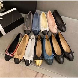 Designer shoes high quality Ballet Flats Classic Women channellies wedding dress Leather Tweed Cloth Two Color Splice Bow Round Fashion summer party Womens sandals