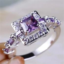 Wedding Rings Exquisite Purple Zircon Stones Ring Fashion Silver Color Wedding Rings for Women Proposal Engagement Party Gifts Luxury Jewelry 231129