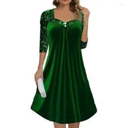 Casual Dresses 3/4 Sleeve Cocktail Dress Women Party Stunning Sequin Splicing Square Neck Loose Waist Above Knee For Evening