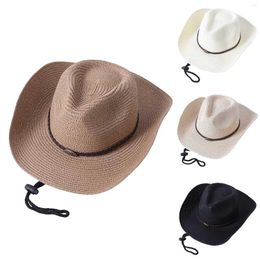 Wide Brim Hats Unisex Solid Ribbon Cowboy Straw Hat Cow Head Fried Dough Twist Breathable Sunshade Women Fashionable Leather