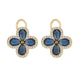 Stud Vintage Royal Clover Blue Crystal Sapphire Gemstones Diamonds Earrings For Women Gold Color Jewelry Bijoux Party Accessorie1243L