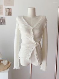 Women's Knits White Colour Women Slim Autumn V-neck Knitwear Long Sleeve Tassel Design Vintage Knitted Cardigan Sweater Retro Pearl Button