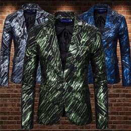 Men's Suits & Blazers Buckle Shiny Diagonal Stripe Blazer Men Designs One Jacket Mens Fashion Stage Singers Clothes B448