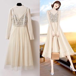 Work Dresses 2 Piece Set Korean Dress Women 2pcs Elegant Mesh Khaki Long A-Line Autumn Vest Knitted Tops Two Outfits