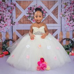 White Tulle Flower Girl Dresses Tiered Pearls Rehinetones Crystals Beaded Princess Queen Ball Gowns Girls' Dress For Wedding First Birthday Party Gown F022