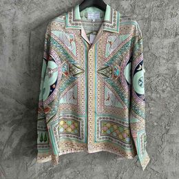 24SS Men's Casual Shirts Spring Summer Printed Pattern Silk Long Sleeved Shirt