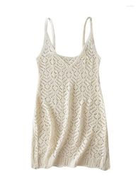 Casual Dresses Women Fashion Beige Backless Knitted Mini Dress Vintage Thin Straps V-Neck Female Chic Lady