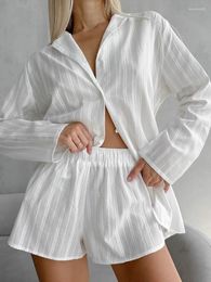 Women's Sleepwear Linad White Pajamas For Women 2 Piece Sets Loose Long Sleeve Female Cotton Suits With Shorts Autumn Casual Homewear