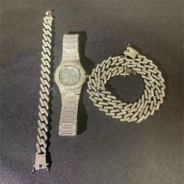 Hip Hop Necklace Watch Bracelet Bling Iced Out Miami Zircon Cuban Full Pave Rhinestone Men Bracelet Necklace For Men Jewelry274o