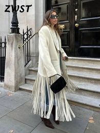 Women's Wool Blends Tassel Apricot Coat Elegant Autumn Long Sleeve Lapel Female Coats 2023 Winter Fashion Streetwear Pocket Lady Overcoats 231129