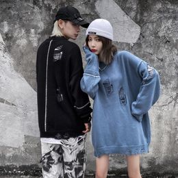 Men's Sweaters Cotton Blue Ripped Pullovers Hip Hop Mens Distressed Sweater Autumn Winter Streetwear Loose Casual Jumpers Women