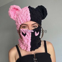 Beanie/Skull Caps Funny Ears Knitted Hat Beanie Contrast Colour Heart Creative Fall Winter Warm Full Face Ski Facewear Caps Windproof Hat for Women J231130