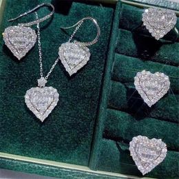 2021 Choucong Cocktail Luxury Jewelry Set 925 Sterling Silver Full T Princess Cut Topaz CZ Diamond Heart Pendant Earring Women Rin199Q