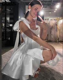 New Arrive Short Mini Satin Wedding Dress For Women Simple Spaghetti Straps Bride Party Gowns Vestidos De Noiva Casamento Illusion Backless Civil