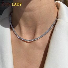 Thin m CZ 1 Row Shiny Tennis Chain Necklace HipHop Iced Out Bling Cubic Zircon Choker Jewellery Gold Colour Plated For Women Men 2202241G