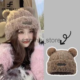 Beanie/Skull Caps Cute Ear Women Earmuffs Cap Cartoon Bear Ear Protection Hat Solid Color Plush Beanies Girl Winter Warm Fluffy Fur Headgear J231130