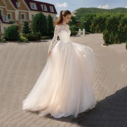 Applique Lace-Up Mordern Wedding Gown For Bride Attractive Long Sleeve A-Line Jewel Sheer Neck Tulle Personalised