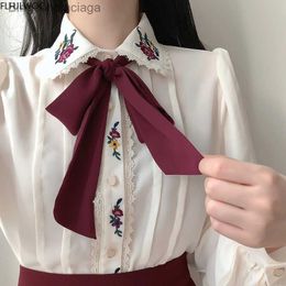 Women's Blouses Shirts Retro Vintage Embroidery Bow Tie Tops Autumn Basic Wear Elegant Formal Single Breasted Button Solid White ShirtsL231130