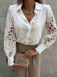 Women's Blouses Shirts Elegant Blouse White Shirt 2023 Spring Summer V-ne Lace Sleeve Cut-out Comter Tops S-XXLyolq