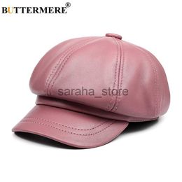 Beanie/Skull Caps BUTTERMERE Genuine Leather Vintage Hat Women Newsboy Cap Pink Baker Boy Cap High Quality Brand Ladies Winter Octagonal Cap J231130