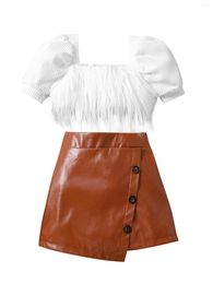 Clothing Sets Toddler Little Girl Summer Leather Skirt Outfits Ribbed Short Sleeve Crew Neck Shirt Tops Button With Belt