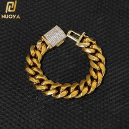 Chain Drop Hip Hop Jewellery 18mm Men's Stainless Steel Link Chain Bling Ice Stone Clasp Miami Cuban Link Bracelet For Men 231130