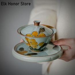 Teaware 100ml Boutique Borneol Glaze Ceramic Tea Tureen Pure Handpainted Loquat Art Sancai Covered Bowl Tea Maker Gaiwan Kung Fu Teaset