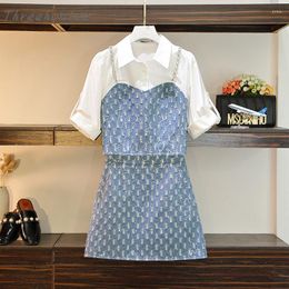 Casual Dresses High Quality Women's Denim Dress Suit 2023 Summer Sweet Sequin Shirt Top Loose Skirt 2Pcs Set For Female