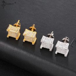 Mens Zircon Earring Hip Hop Style Copper Material Iced Bling CZ Square Stud Earrings Screw-back Fashion Jewellery Accessories309v